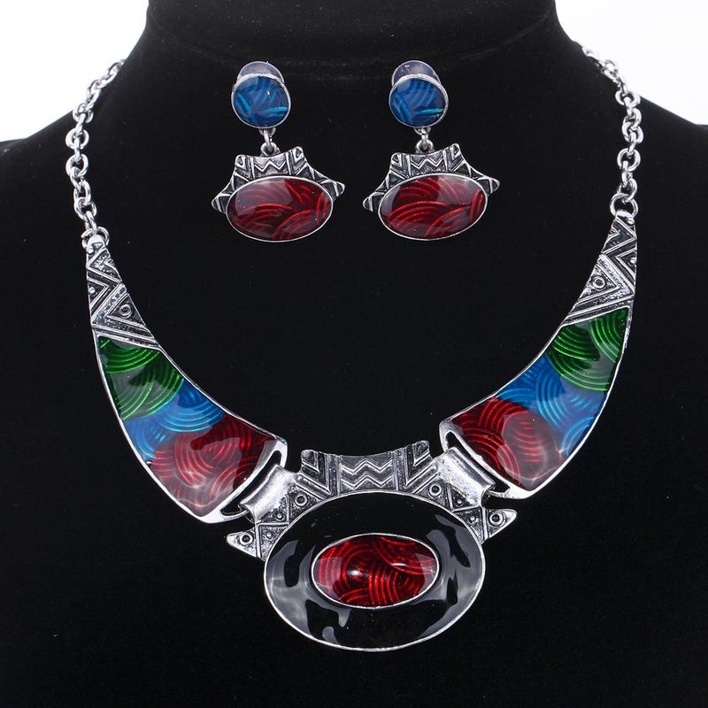YAZILIND Ethnic Multicolor Embossed Oval Gangle Bib Collar Earrings Necklace Jewelry Set - Image 2